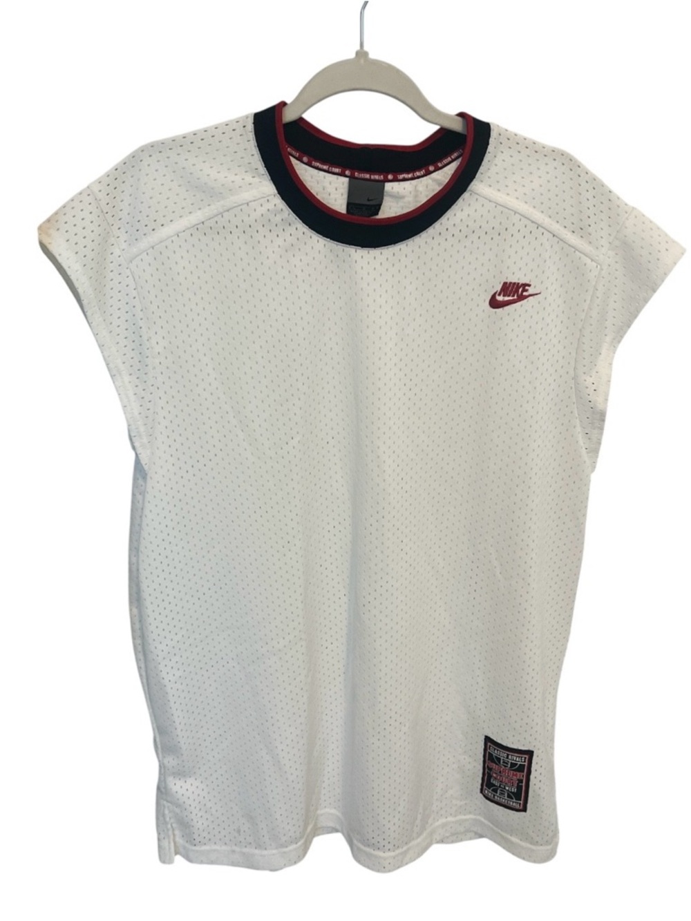 Nike White Basketball Tee with Navy and Red Patch